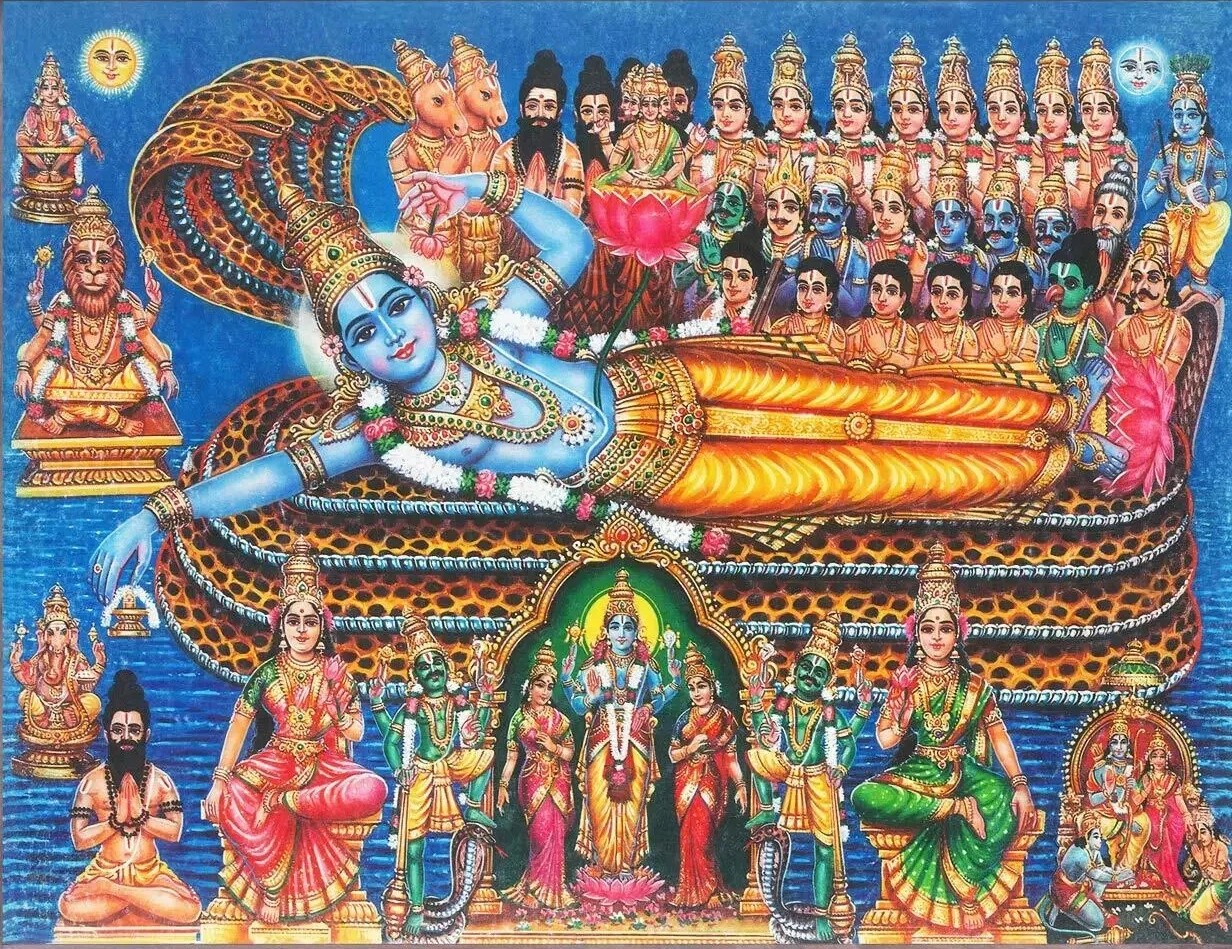 Traditional depiction of Vishnu in Anantashayana, reclining on the cosmic serpent Adishesha, attended by Lakshmi, Brahma, and the celestial assembly